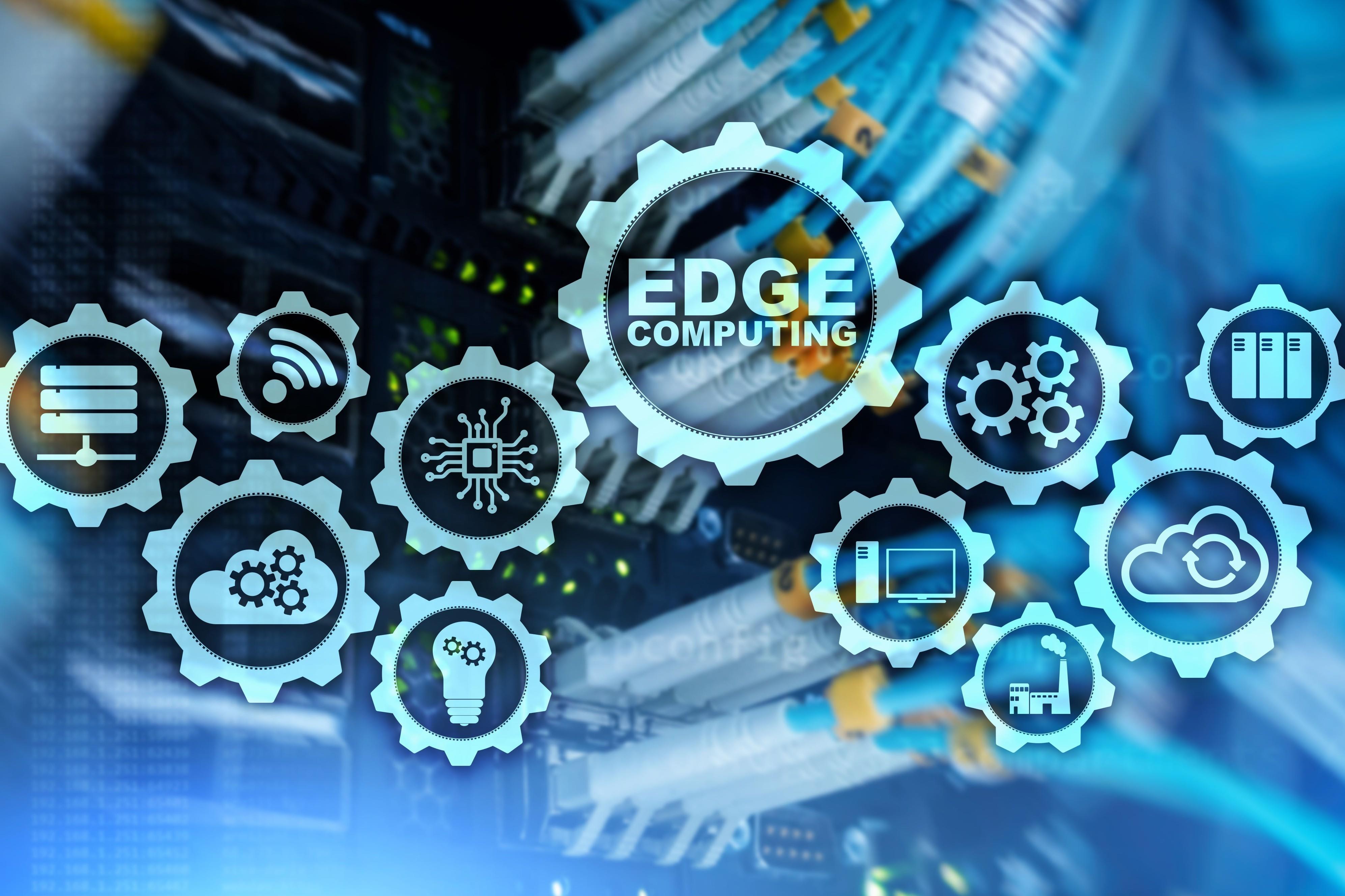 EDGE COMPUTING on modern server room background. Information technology and business concept for resource intensive distributed computing